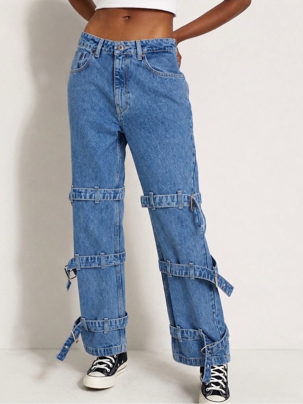 THE RAGGED PRIEST Buck Silver Buckle Strap Wide-Leg Jeans Size 30